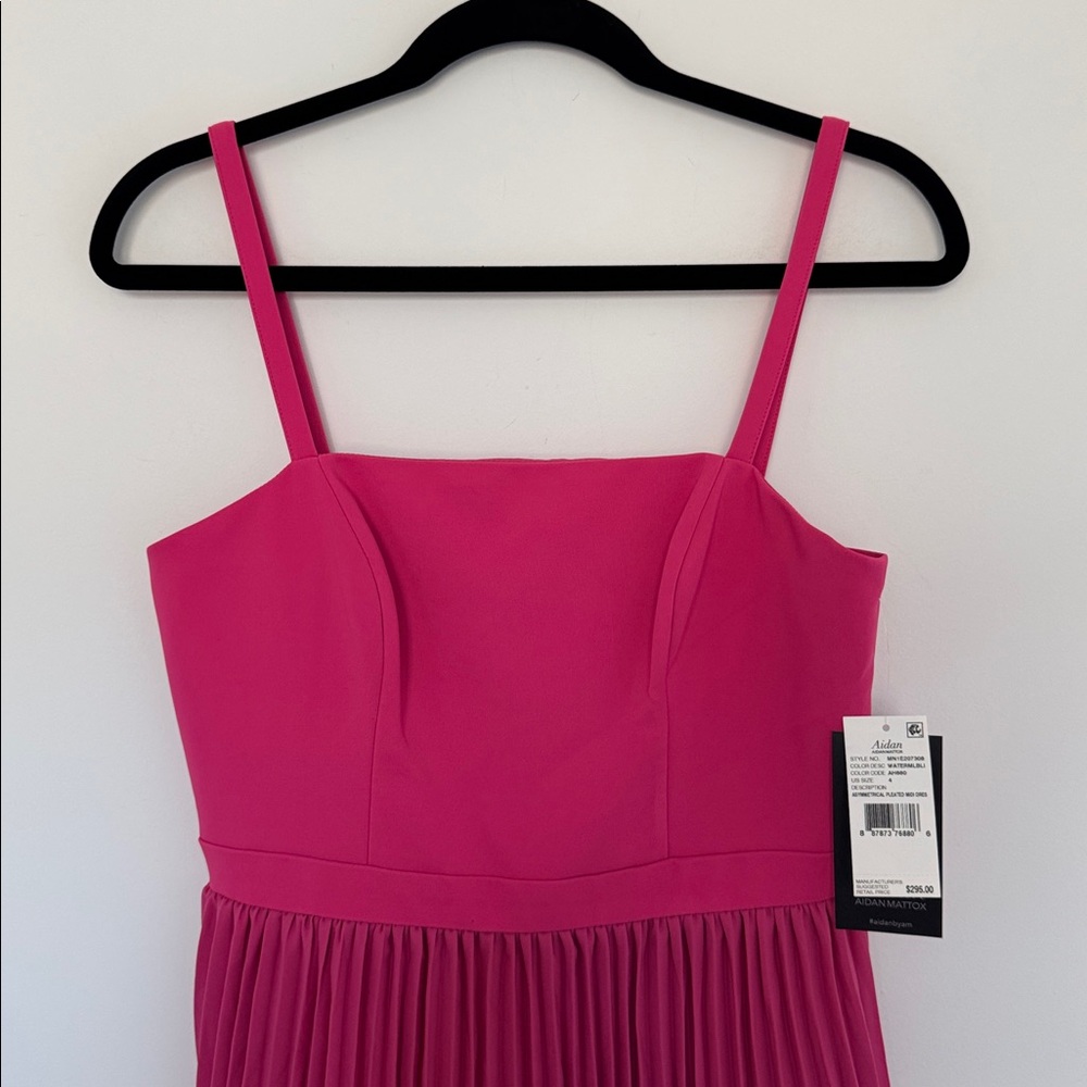 Aidan Mattox NWT Watermelon Pink Asymmetrical Pleated Midi Dress - Size 4 - Picture 3 of 9